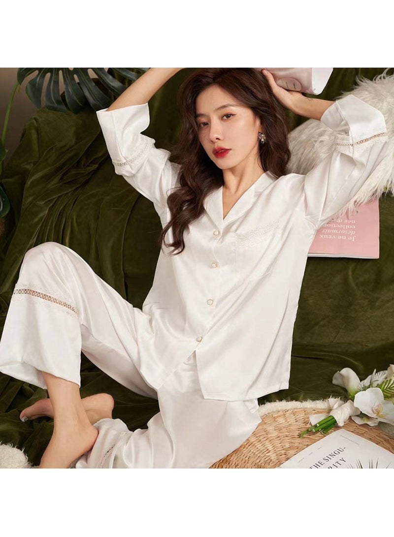 Loquat Women's Solid Color 2-Piece Set Loose Nightgown Sleepwear Long Sleeve Lace Stitching Lapel Top And Pants Soft Loungewear Wear Warm Pajamas Suit White  - Image 3
