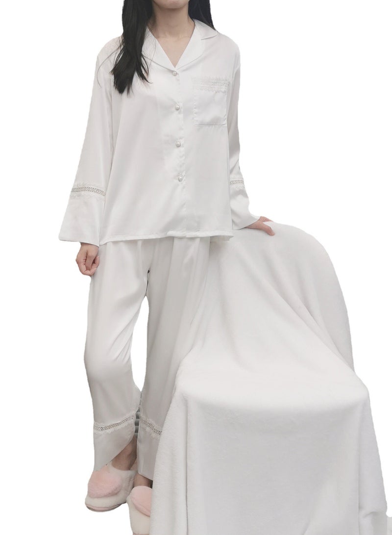 Loquat Women's Solid Color 2-Piece Set Loose Nightgown Sleepwear Long Sleeve Lace Stitching Lapel Top And Pants Soft Loungewear Wear Warm Pajamas Suit White  - Image 2
