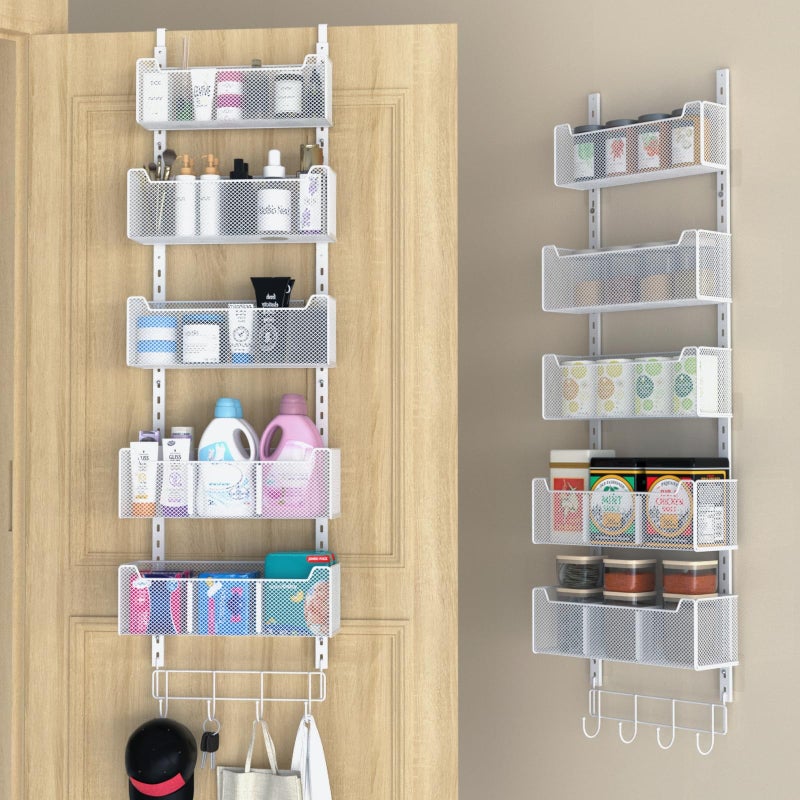 VyGrow Over The Door Organizer, Metal Door Organizer Hanging with 5 Adjustable Baskets and Coat Hook, Behind The Door Storage for Bedroom Closet Bathroom Pantry Cabinet Kitchen, White - Image 1