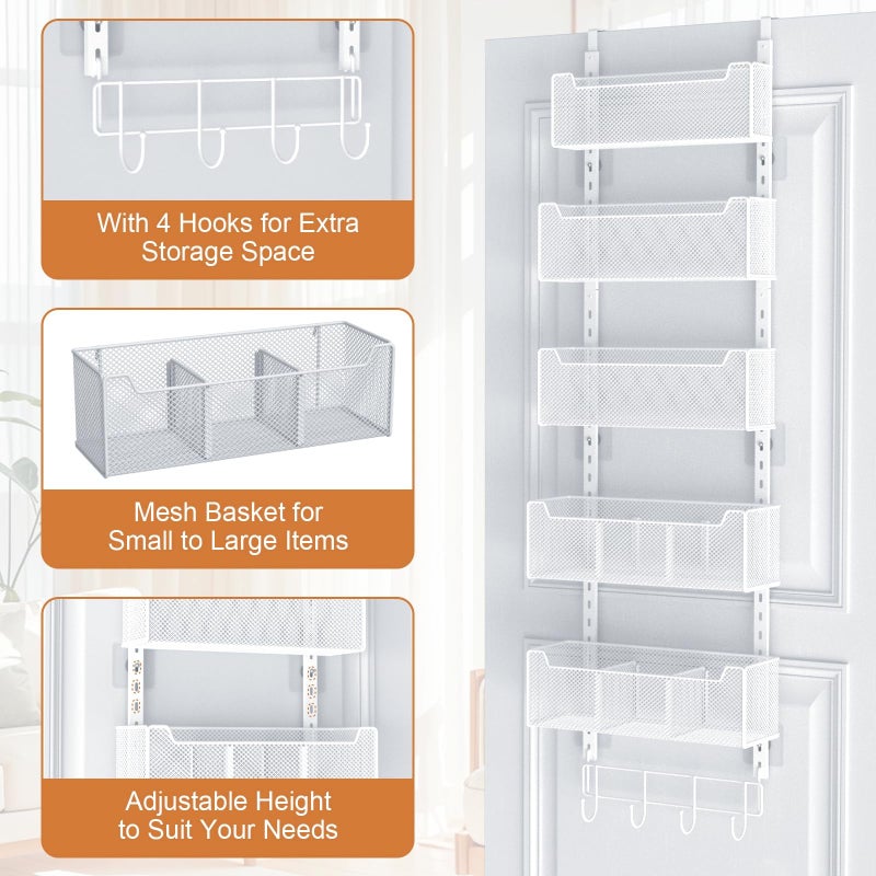 VyGrow Over The Door Organizer, Metal Door Organizer Hanging with 5 Adjustable Baskets and Coat Hook, Behind The Door Storage for Bedroom Closet Bathroom Pantry Cabinet Kitchen, White - Image 5