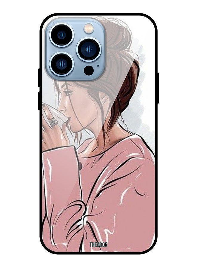 Theodor Protective Tempered Glass Case Cover For Apple iPhone 13 Pro Girl Drinking Coffee - Image 1