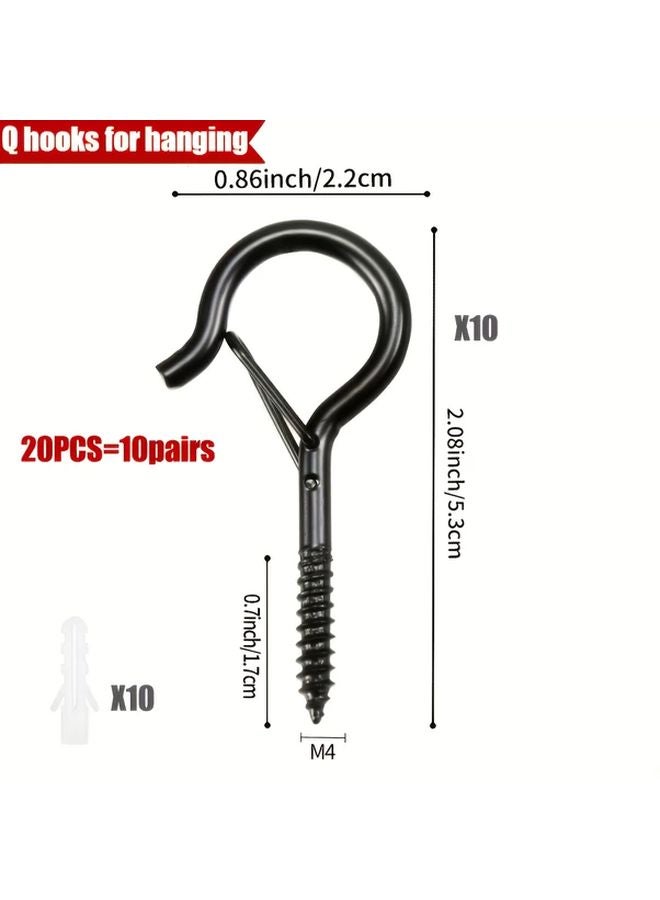 20 Pcs Black Q Shaped Metal Hooks With Safety Buckles For Outdoor String Lights Plants - Image 1