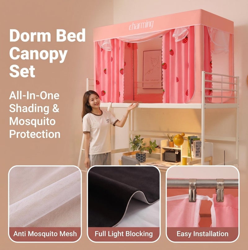 Bluejw Bed Canopy Tents Curtain Blackout Single Bed Tent Student Shading Cloth Canopy Dormitory Mosquito Net Sleep Privacy Protection with Frame for Children Bedroom With Pink Strawberry Pattern - Image 2
