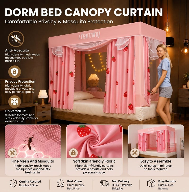 Bluejw Bed Canopy Tents Curtain Blackout Single Bed Tent Student Shading Cloth Canopy Dormitory Mosquito Net Sleep Privacy Protection with Frame for Children Bedroom With Pink Strawberry Pattern - Image 1