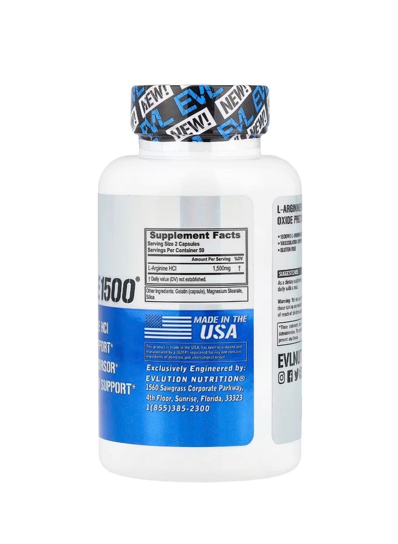 EVLUTION NUTRITION L-Arginine1500® 100 Capsules (750 mg per Capsule) - Image 2