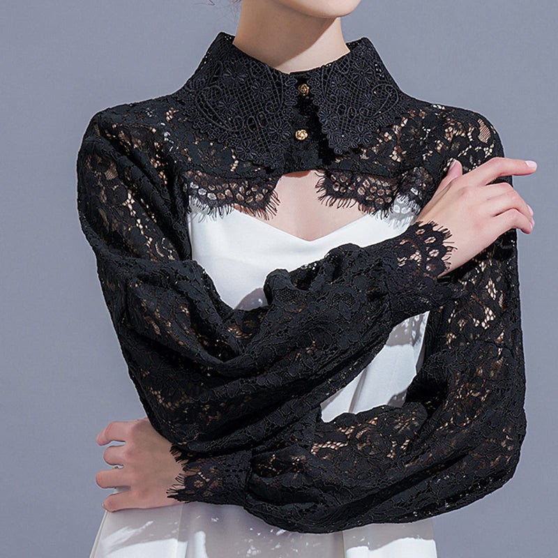 ZARSIO Women Long Sleeve Lace Shrug Bolero Shawl Short Cardigan Fake Collar (Black) - Image 5