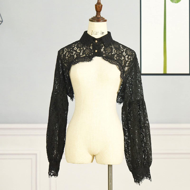 ZARSIO Women Long Sleeve Lace Shrug Bolero Shawl Short Cardigan Fake Collar (Black) - Image 3