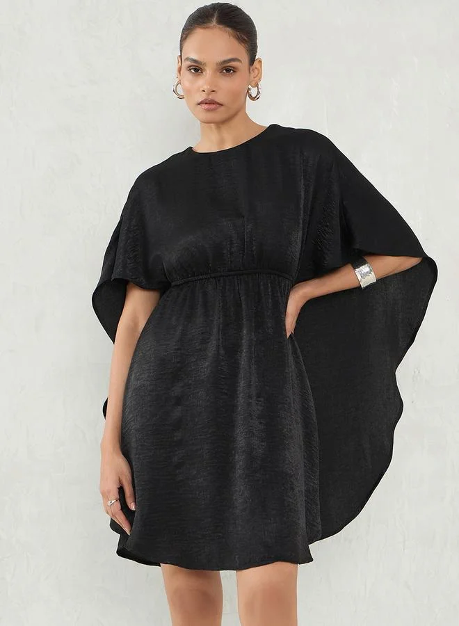 Black Satin Cape Sleeve Mini Dress