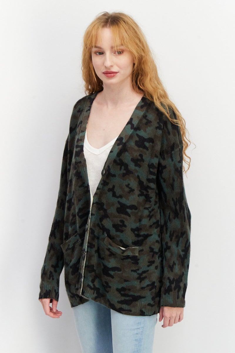 Aqua Women V-Neck Camouflage Cashmere Cardigan, Green Combo  - Image 1