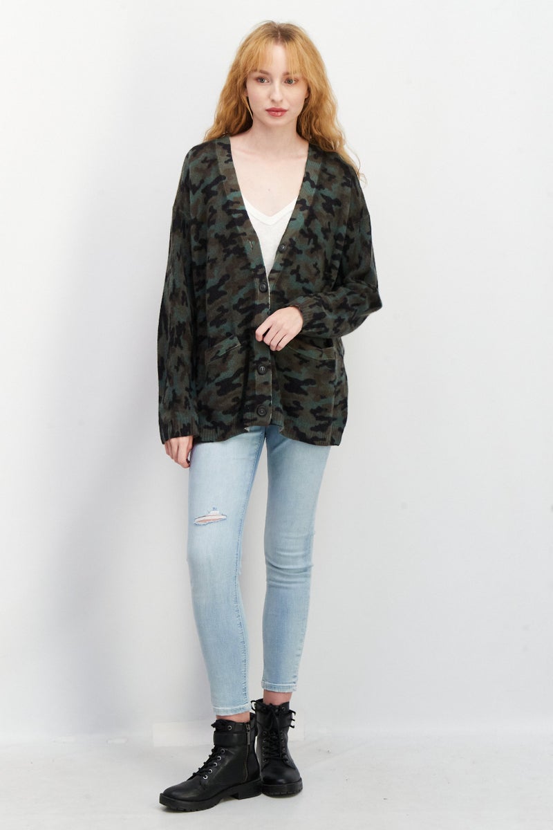 Aqua Women V-Neck Camouflage Cashmere Cardigan, Green Combo  - Image 3
