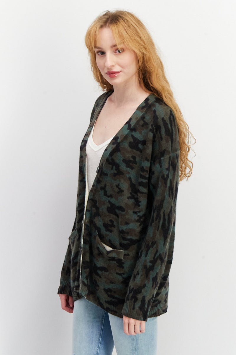 Aqua Women V-Neck Camouflage Cashmere Cardigan, Green Combo  - Image 4