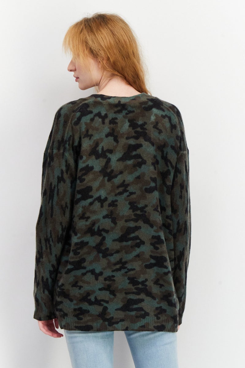 Aqua Women V-Neck Camouflage Cashmere Cardigan, Green Combo  - Image 2