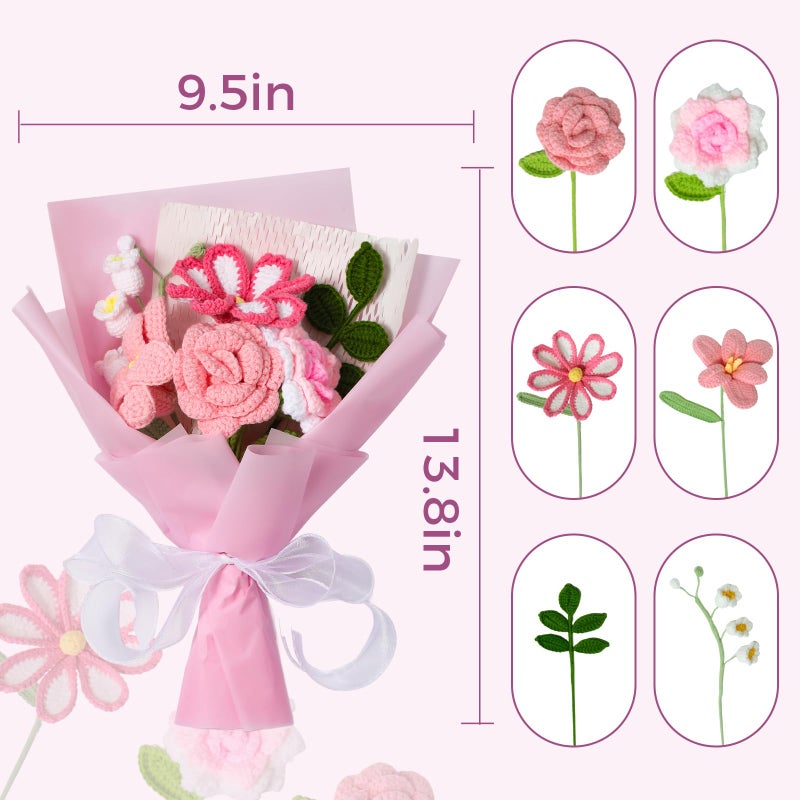 Ecerangus Crochet Flower Bouquet, Pink Rose Handmade Crochet Flowers Knitted Bouquet for Anniversary Birthday Party Mother's Day Graduation Gifts for Her, Girlfriend, Wife, Women (Pink) - Image 4