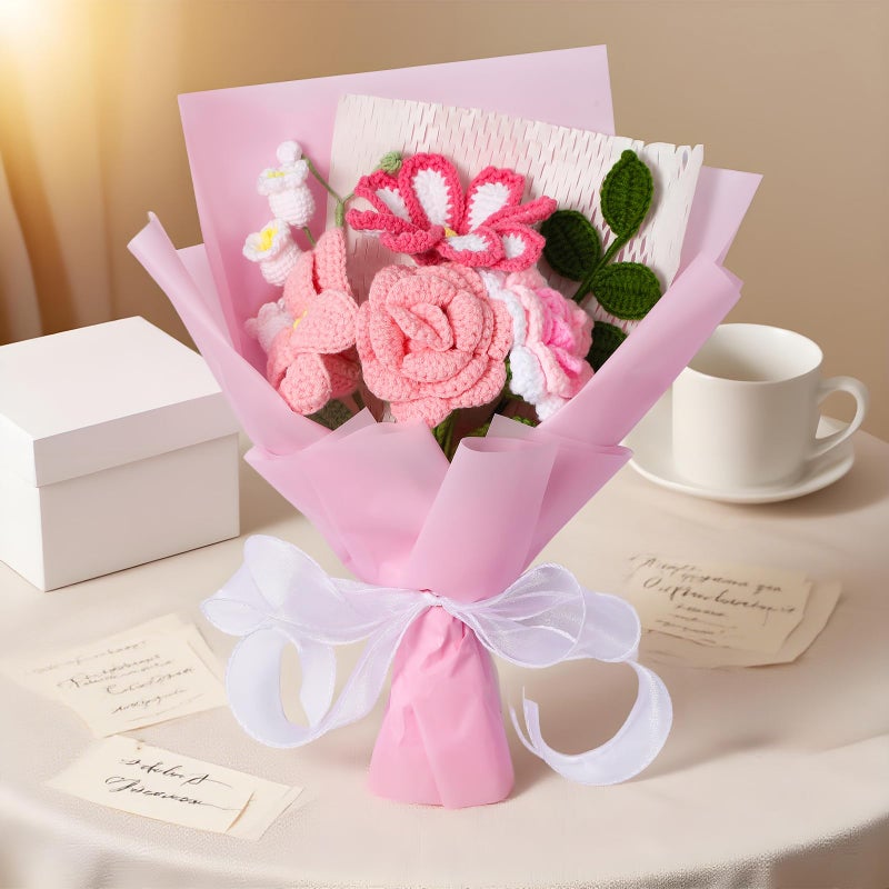 Ecerangus Crochet Flower Bouquet, Pink Rose Handmade Crochet Flowers Knitted Bouquet for Anniversary Birthday Party Mother's Day Graduation Gifts for Her, Girlfriend, Wife, Women (Pink) - Image 2