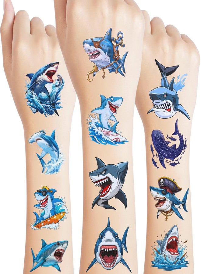 Backtopeia Shark Temporary Tattoos | Ocean Themed Shark Party Decorations Birthday Party Favors Supplies Accessories Stickers Under The Sea Themed Gift Idea For Kids Teen Boy Girl Adult 60Pcs 4 Sheets Pre-cut - Image 1