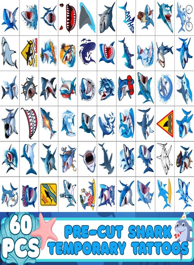 Backtopeia Shark Temporary Tattoos | Ocean Themed Shark Party Decorations Birthday Party Favors Supplies Accessories Stickers Under The Sea Themed Gift Idea For Kids Teen Boy Girl Adult 60Pcs 4 Sheets Pre-cut - Image 2