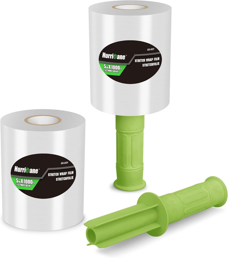 Hurricane Stretch Wrap Film with Plastic Handle, 2 Pack Mini Clear Stretch Wrap Film Roll, 80-Gauge 5 Inch 1000 Ft, Clear Shrink Wrap Roll Stretch Plastic Wrap Roll, for Packing, Moving, Storage - Image 1