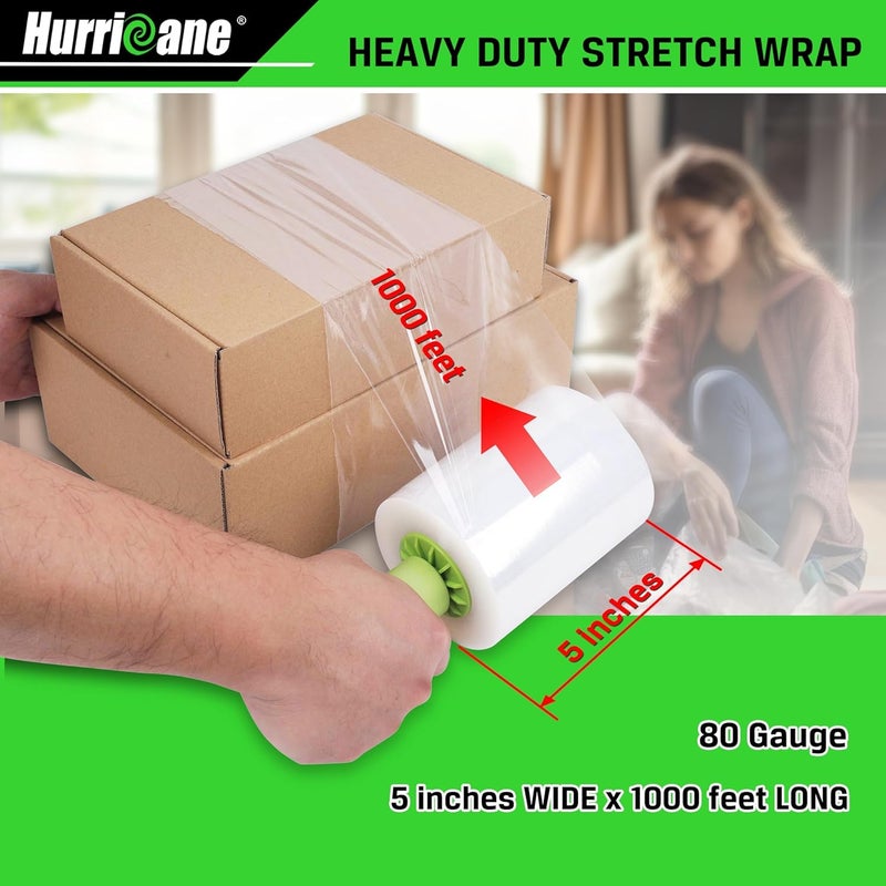 Hurricane Stretch Wrap Film with Plastic Handle, 2 Pack Mini Clear Stretch Wrap Film Roll, 80-Gauge 5 Inch 1000 Ft, Clear Shrink Wrap Roll Stretch Plastic Wrap Roll, for Packing, Moving, Storage - Image 3