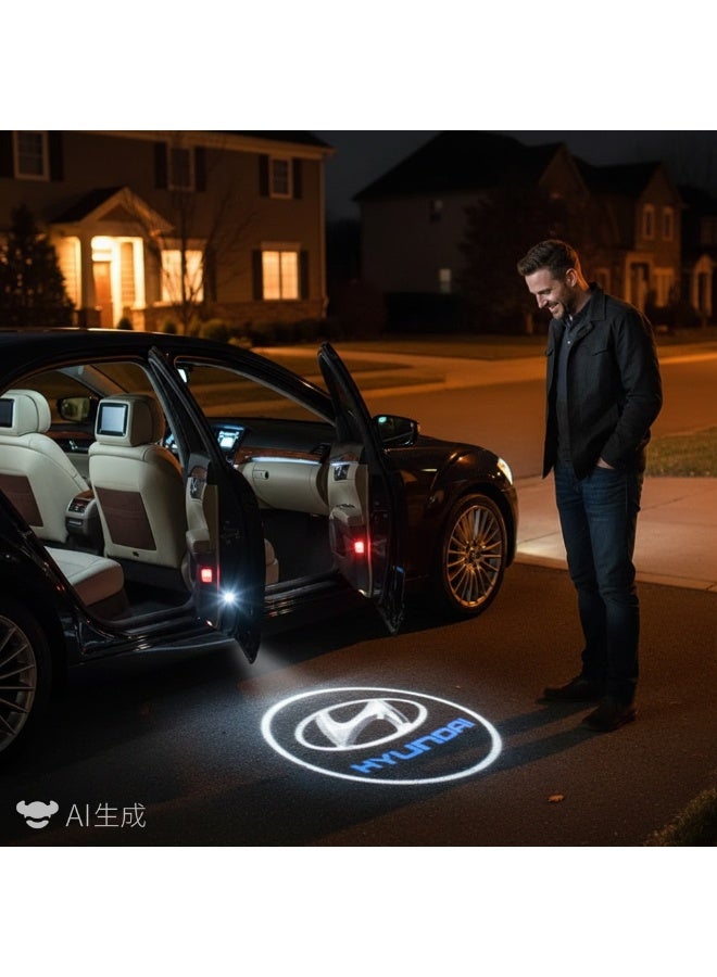 general طقم إضاءة ظل لباب السيارة مزود بإضاءة LED وشعار Hyundai مكون من قطعتين - Image 2