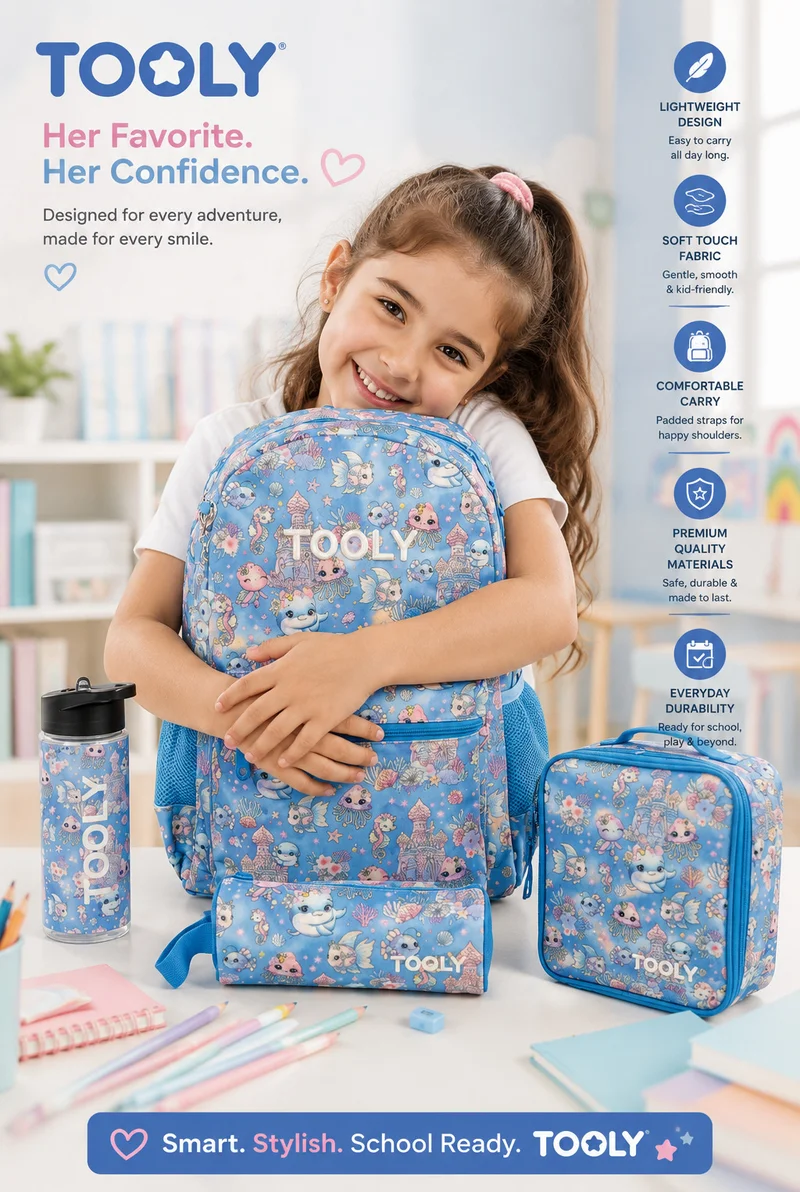 TOOLY 4-Piece Kids School Backpack Set – 44cm Backpack with Insulated Lunch Bag, Pencil Case & 500ml BPA-Free Water Bottle | Lightweight, Water-Resistant & Durable Ocean Theme