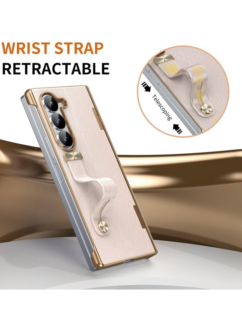 Leather Case for Galaxy Z Fold 6 Case with Wristband u0026 Hinge Protector, Slim Bracket Protective Case for Z Fold 6 2024 Case with Strap