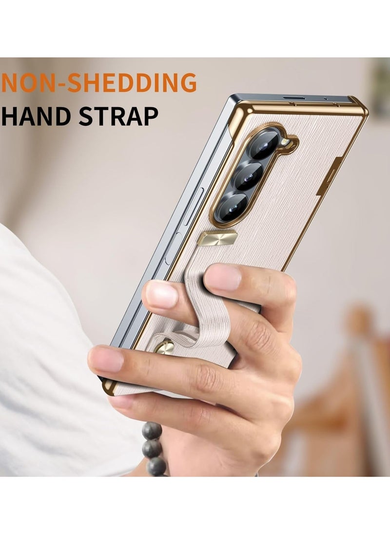 Leather Case for Galaxy Z Fold 6 Case with Wristband u0026 Hinge Protector, Slim Bracket Protective Case for Z Fold 6 2024 Case with Strap