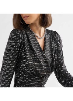 FAV Shimmer Textured Mini Dress with Long Sleeves and V-neck  - Image 4