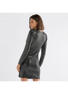 FAV Shimmer Textured Mini Dress with Long Sleeves and V-neck  - Image 3