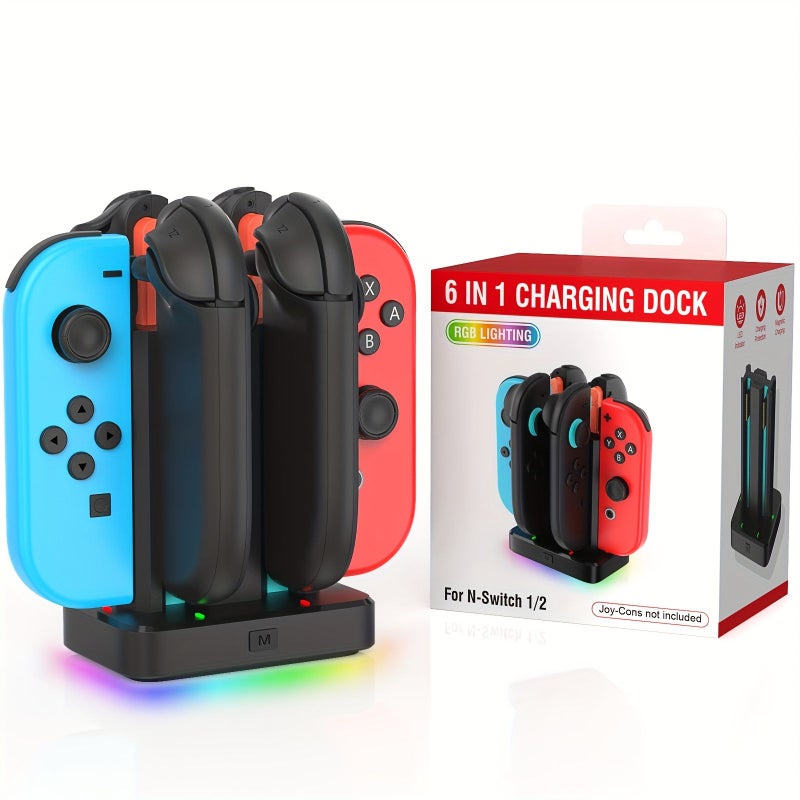 Black Multifunctional Six In One Charging Dock For Switch With Nine Ambient Lights And Six Slots - Image 1
