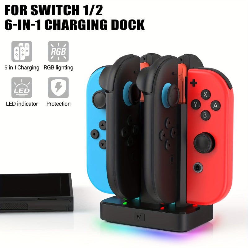 Black Multifunctional Six In One Charging Dock For Switch With Nine Ambient Lights And Six Slots - Image 5