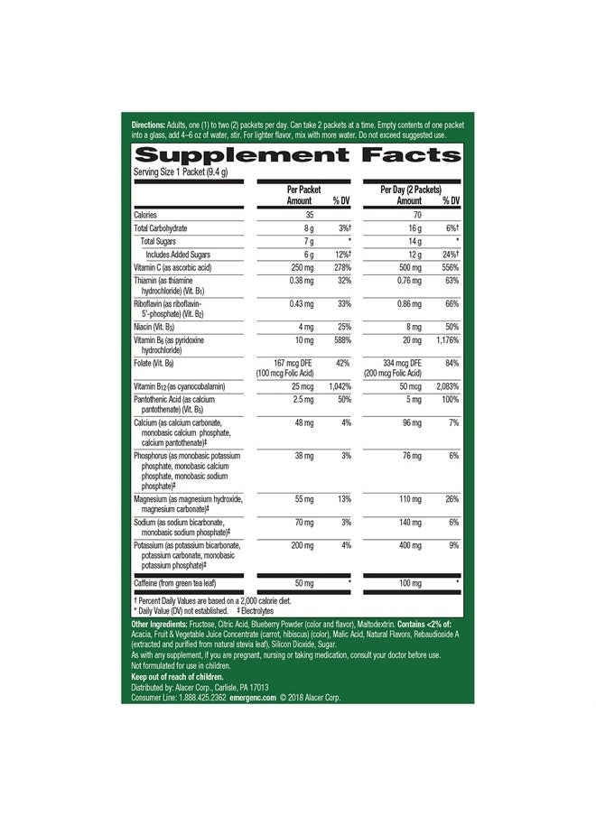 Emergen-C Energy+, With B Vitamins, Vitamin C And Natural Caffeine From Green Tea(Blueberry Acai Flavor) Dietary Supplement Drink Mix, 0.33 Ounce Powder Packets(Pack of 18)  - Image 3