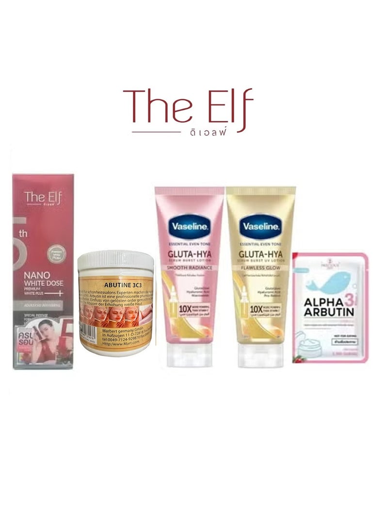The Elf Whitening Set Nano White Dose Serum ,GLUTA-HYA Smooth Radiance & Flawless Glow & Alpha Arbutin Capsules and Abutine 3C3 Cream