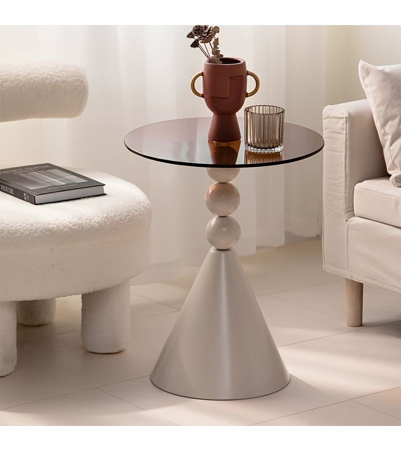 Removable Modern Round Coffee Table With Glass Top And Beige Frame Multifunctional Side Table Suitable For Outdoor Use Easy Clean Glass Space Saving - Image 2