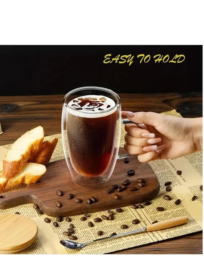1CHASE Set of 2 - Double Walled Glass Coffee Cups with Handle and with Bamboo Lid, 450ml - Image 2