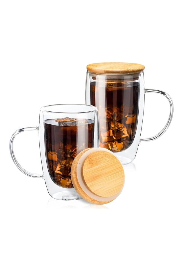 1CHASE Set of 2 - Double Walled Glass Coffee Cups with Handle and with Bamboo Lid, 450ml - Image 1