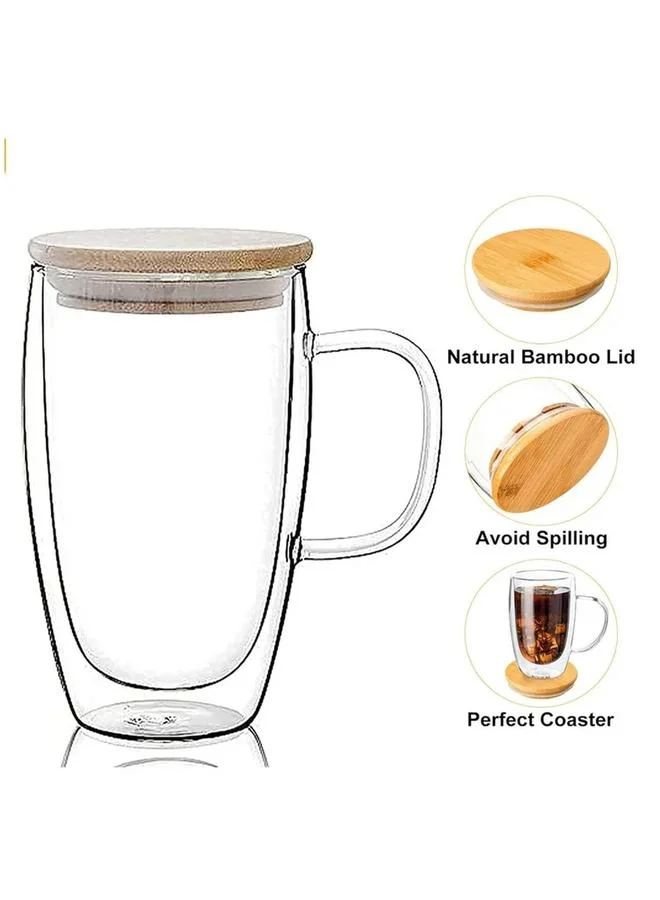 1Chase  1CHASE Set of 2 - Double Walled Glass Coffee Cups with Handle and with Bamboo Lid, 450ml  | Best Price UAE