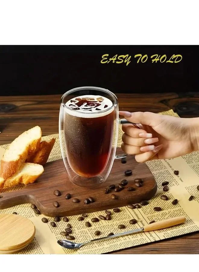 1 تشيس طقم كوبين زجاجي مزدوج الجدار مع مقبض وغطاء بامبو ٤٥٠ مل