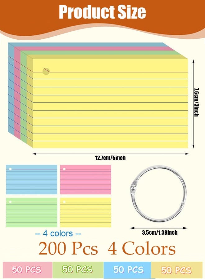 Jyelux Colored Index Cards with Ring, 7.6x12.7CM Flash Cards with Rings, Colored Heavy Notecards with Ring, Punched Lined Study Cards for School, College, Home, Office, Memory, To Do List ( 200 Count ) - Image 2