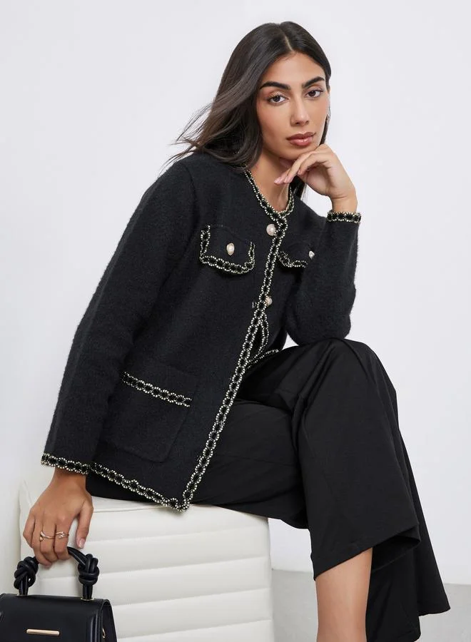 Styli Styli Black Furry Embellished Cardigan