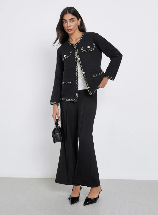 Styli Styli Black Furry Embellished Cardigan