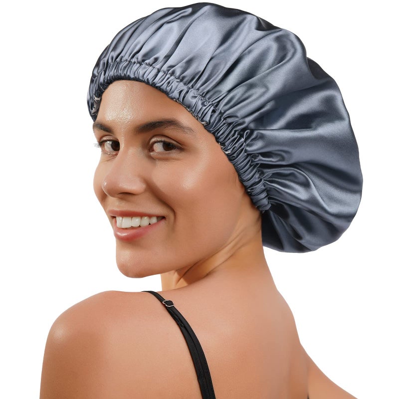 YANIBEST Silk Bonnet Satin Bonnet for Sleeping Women Men, Adjustable Double Layer Hair Bonnet for Curly Braids Reduce Frizz Ash Blue - Image 2