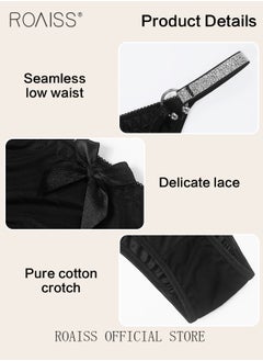 roaiss 2 Piece Cut out Lace Panel Briefs for Women Comfy and Breathable Soft Seamless Low Waist Panties with Pure Cotton Crotch and Rhinestone Studded Detail Ladies Textured Ring Linked Quality Underwear  - Image 2