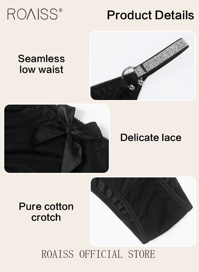roaiss 2 Piece Cut out Lace Panel Briefs for Women Comfy and Breathable Soft Seamless Low Waist Panties with Pure Cotton Crotch and Rhinestone Studded Detail Ladies Textured Ring Linked Quality Underwear - Image 3