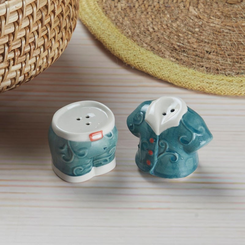 Kookee Kookee Ceramic Salt and Pepper Shakers Set with Tray Elegant Namak Dani Spice Sprinkler Dispenser for Dining Table Kitchen Restaurant Use Shirt Pant Design Pink 8560 - Image 2