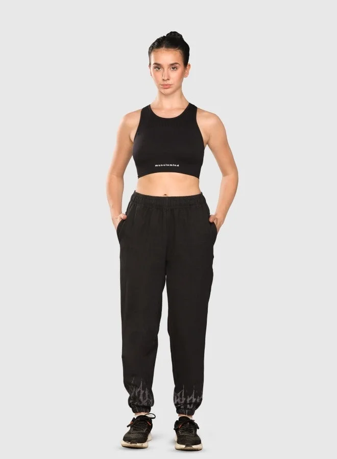 Musclemind Women's Acid Wash Mid Waist Cotton Denim Joggers