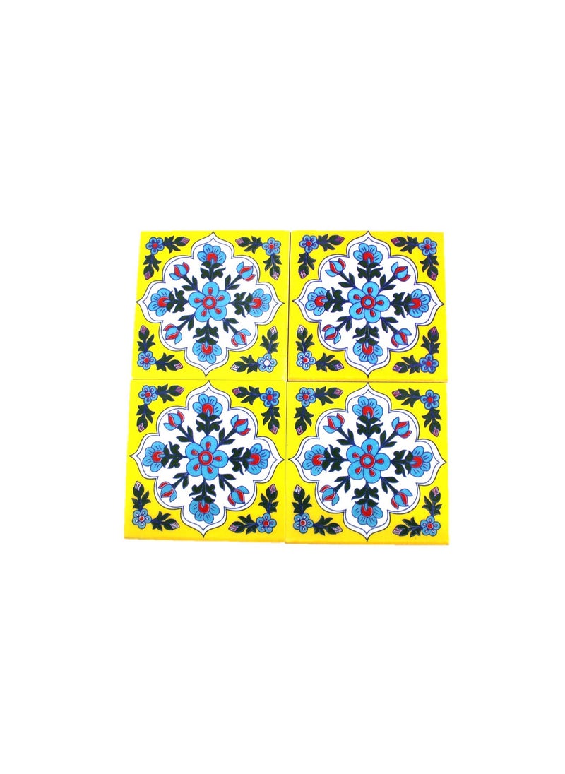THE HIMALAYA CRAFT The Himalaya Craft Blue Pottery Ceramic Handmade Tiles for Wall 4 x 4inch Pack of 4 Yellow  - Image 1
