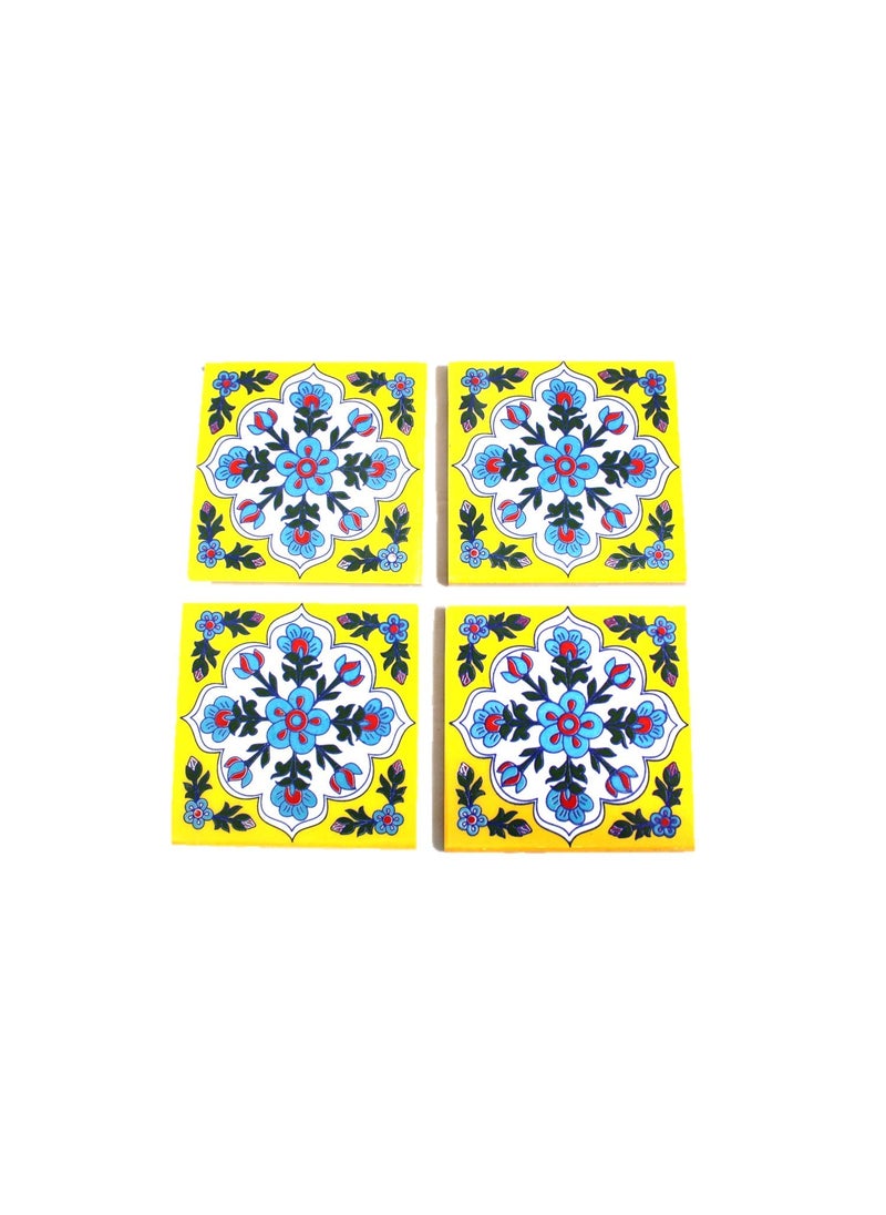 THE HIMALAYA CRAFT The Himalaya Craft Blue Pottery Ceramic Handmade Tiles for Wall 4 x 4inch Pack of 4 Yellow  - Image 3