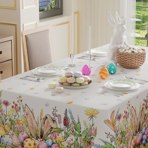 XCHI Bunny Ears Eggs Wildflowers Rabbits Easter Tablecloth Rectangle Table Cloth Washable Table Covers for Indoor Dining Home Party Decorations 60x120 Inch - Image 3