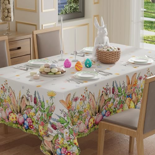 XCHI Bunny Ears Eggs Wildflowers Rabbits Easter Tablecloth Rectangle Table Cloth Washable Table Covers for Indoor Dining Home Party Decorations 60x120 Inch - Image 1