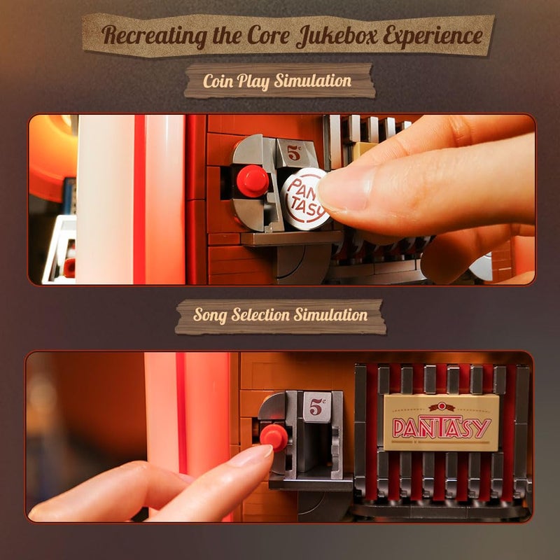 PANTASY Retro Jukebox Building Kit with Coin & Sound Function, Mechanical Music Box Model with Acrylic Records, Recording Studio & Minifigure, Collectible Construction Toy Gift for Adults and Teens - Image 3